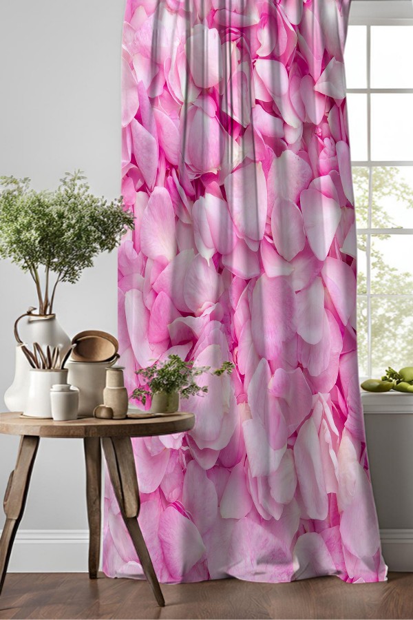 Pembe Gül Yaprakları Desenli Djital Baskılı Yemek Odası Mutfak Fon Perde 140x260cm