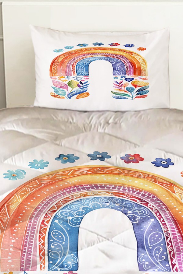 Boho Gökkuşağı Sulu boya Desenli Kız Çocuk Tek Kişilik Kapitoneli Yorgan Yastık Kılıflı Boho Gökkuşağı Sulu boya Desenli Kız Çocuk Tek Kişilik Kapitoneli Yorgan Yastık Kılıflı