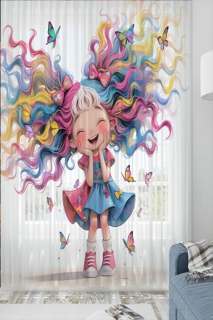 Sevimli Renkli Kız Desenli Çocuk Odası Tül Perde 140x260cm Sevimli Renkli Kız Desenli Çocuk Odası Tül Perde 140x260cm