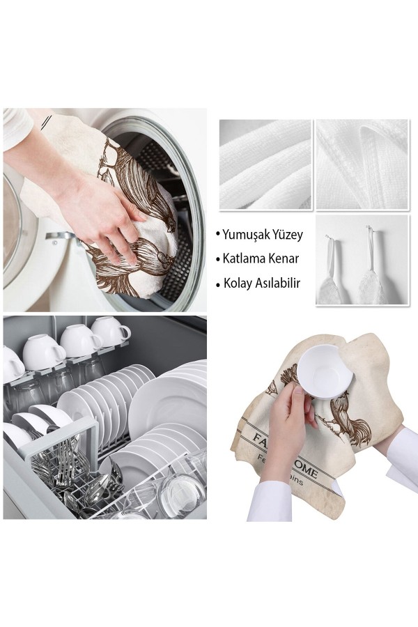 Else Dekor Kahve Horozlu Desenli Mikrofiber Mutfak Havlusu Kurulama Bezi Su Emici El Yüz Havlusu