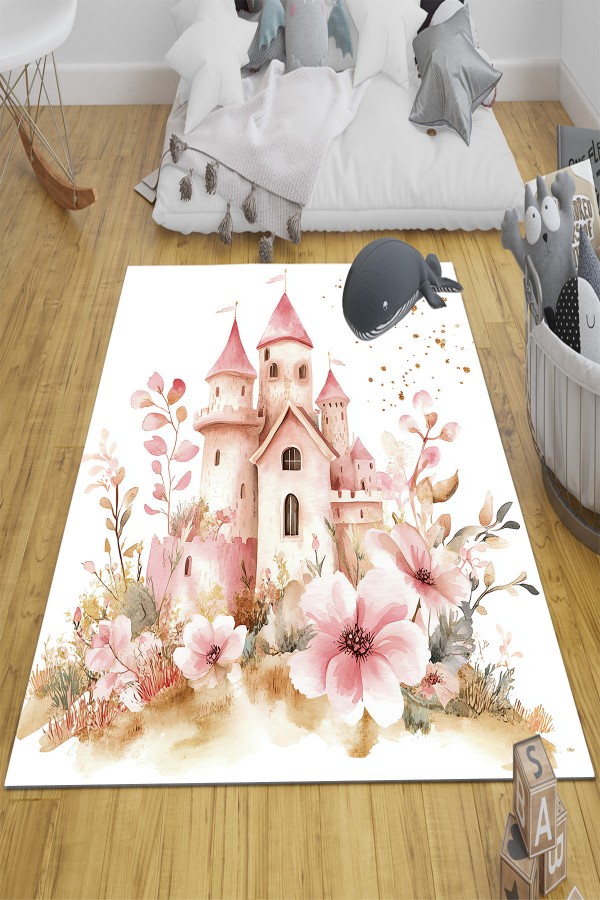 Pembe Prenses Şatolu Desenli Kız Çocuk Odası Halısı Yıkanabilir Kaymaz Taban Pembe Prenses Şatolu Desenli Kız Çocuk Odası Halısı Yıkanabilir Kaymaz Taban