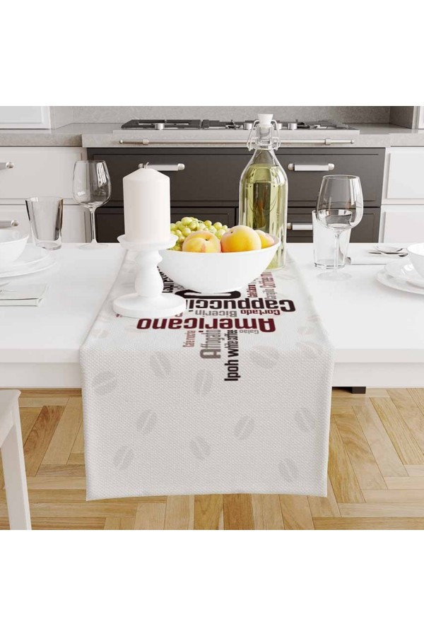 Kahve Yazılar Renkli Desenli Dijital Baskılı Leke Tutmaz Dertsiz Dekoratif Runner Örtüsü 40x140cm Kahve Yazılar Renkli Desenli Dijital Baskılı Leke Tutmaz Dertsiz Dekoratif Runner Örtüsü 40x140cm