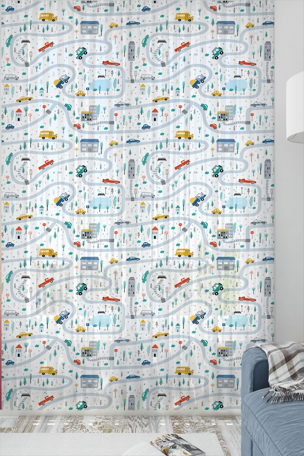 Araba Sürme Trafik Desenli Erkek Çocuk Odası Tül Perde 140x260cm Araba Sürme Trafik Desenli Erkek Çocuk Odası Tül Perde 140x260cm
