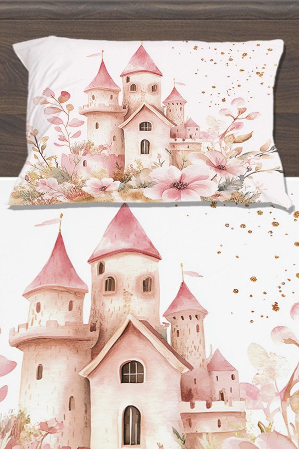 Pembe Prenses Şatolu Desenli Kız Çocuk Tek Kişilik Yastıklı Lastikli Çarşaf Takımı 100x200cm Pembe Prenses Şatolu Desenli Kız Çocuk Tek Kişilik Yastıklı Lastikli Çarşaf Takımı 100x200cm