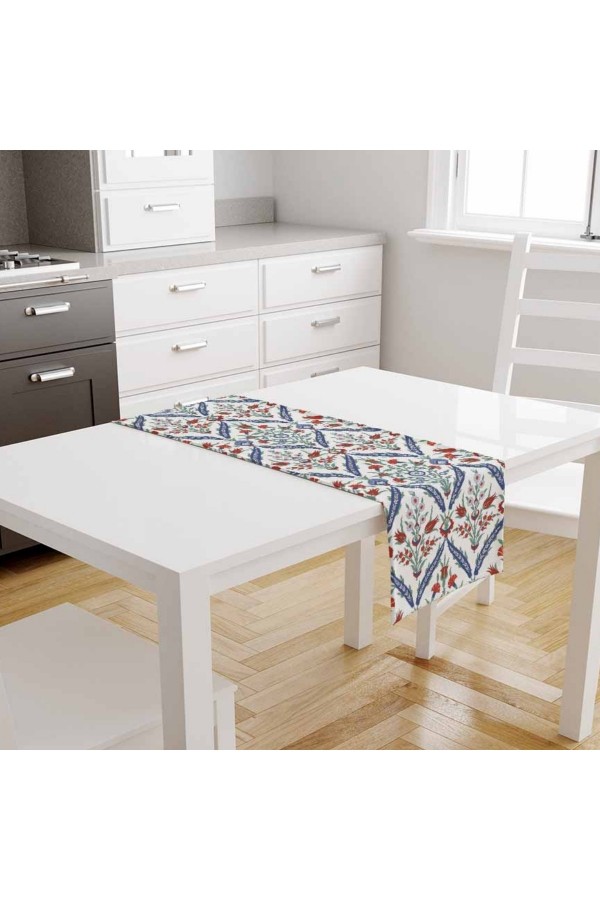 Osmanlı Çini Lale Desenli Dijital Baskılı Leke Tutmaz Dertsiz Dekoratif Runner Örtüsü 40x140cm