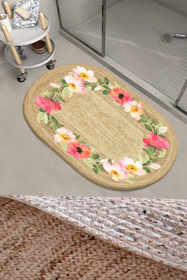 Else Çiçekler Desenli Halat Hasır Jüt Örgü Oval Banyo Halısı Klozet Duş Önü Paspası Else Çiçekler Desenli Halat Hasır Jüt Örgü Oval Banyo Halısı Klozet Duş Önü Paspası