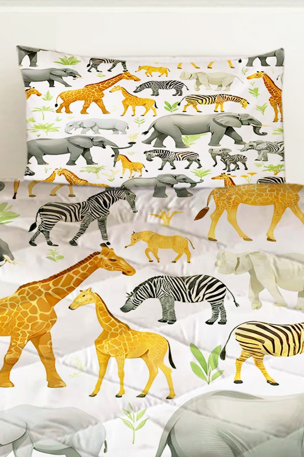 Safari Afrika Hayvanları Desenli Erkek Çocuk Tek Kişilik Kapitoneli Yorgan Yastık Kılıflı Safari Afrika Hayvanları Desenli Erkek Çocuk Tek Kişilik Kapitoneli Yorgan Yastık Kılıflı