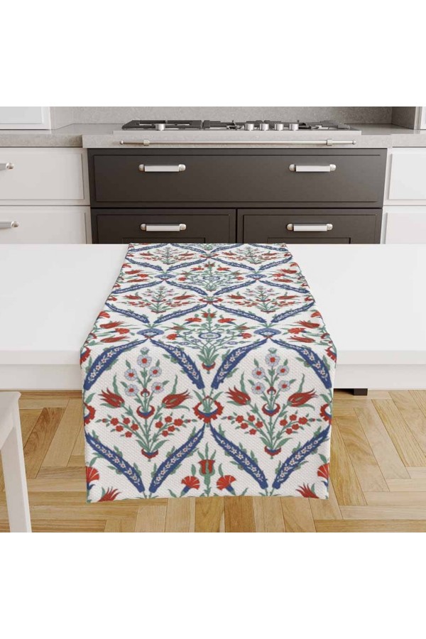 Osmanlı Çini Lale Desenli Dijital Baskılı Leke Tutmaz Dertsiz Dekoratif Runner Örtüsü 40x140cm