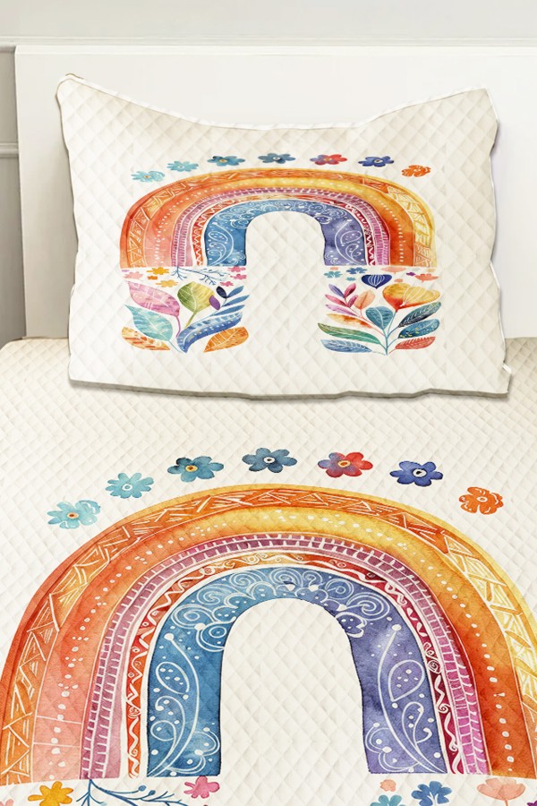 Boho Gökkuşağı Sulu boya Desenli Kız Çocuk Tek Kişilik Pike Takımı Kapitoneli Yatak Örtüsü Boho Gökkuşağı Sulu boya Desenli Kız Çocuk Tek Kişilik Pike Takımı Kapitoneli Yatak Örtüsü
