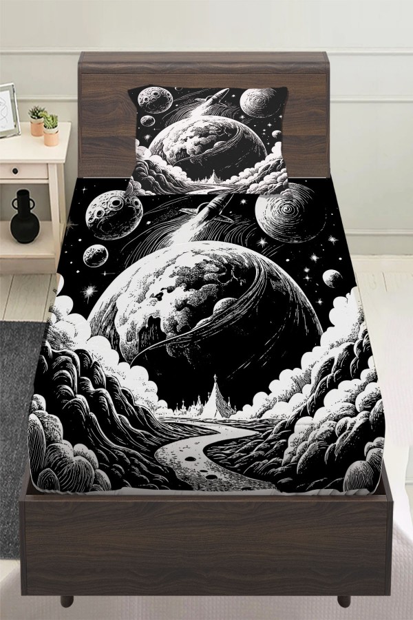 Siyah Beyaz Uzay Ay Gezegen Desenli Çocuk Tek Kişilik Yastıklı Lastikli Çarşaf Takımı 100x200cm