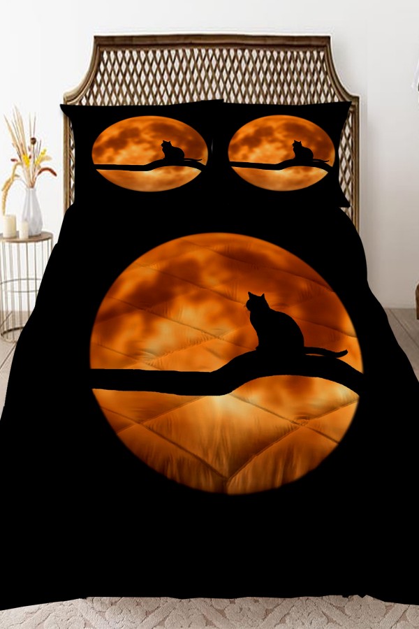 Siyah Kedi Dolunay Desenli Çift Kişilik Kapitoneli Yorgan Yastık Kılıflı