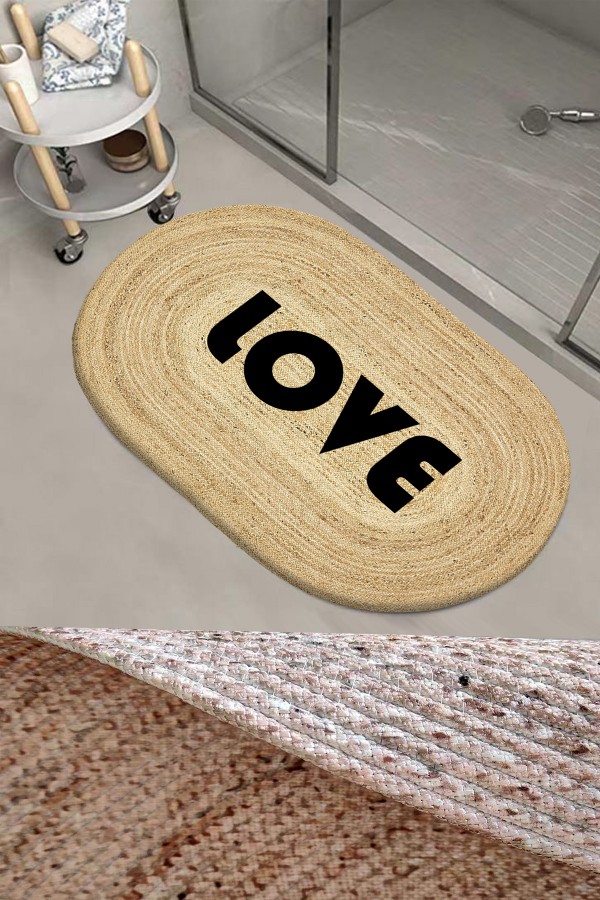 Else Love Desenli Halat Hasır Jüt Örgü Oval Banyo Halısı Klozet Duş Önü Paspası Else Love Desenli Halat Hasır Jüt Örgü Oval Banyo Halısı Klozet Duş Önü Paspası