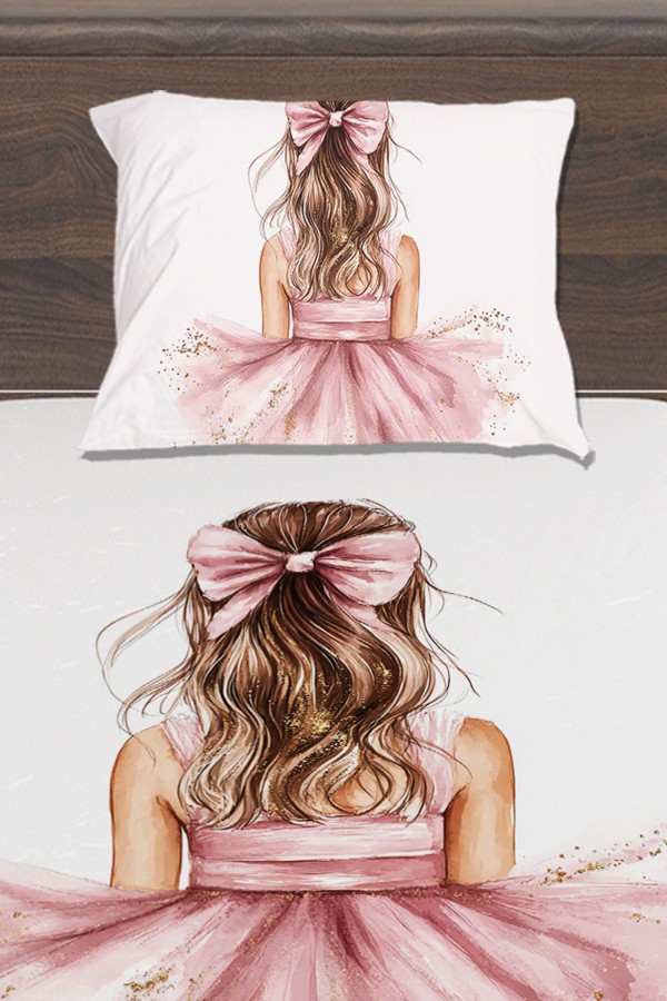 Pembe Fiyonklu Sarı Kız Desenli Çocuk Tek Kişilik Yastıklı Lastikli Çarşaf Takımı 100x200cm