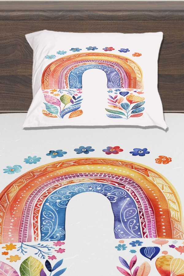 Boho Gökkuşağı Sulu boya Desenli Kız Çocuk Tek Kişilik Yastıklı Lastikli Çarşaf Takımı 100x200cm Boho Gökkuşağı Sulu boya Desenli Kız Çocuk Tek Kişilik Yastıklı Lastikli Çarşaf Takımı 100x200cm