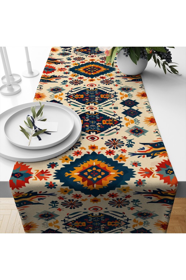 Retro Otantik Desenli Dijital Baskılı Leke Tutmaz Dertsiz Dekoratif Runner Örtüsü 40x140cm