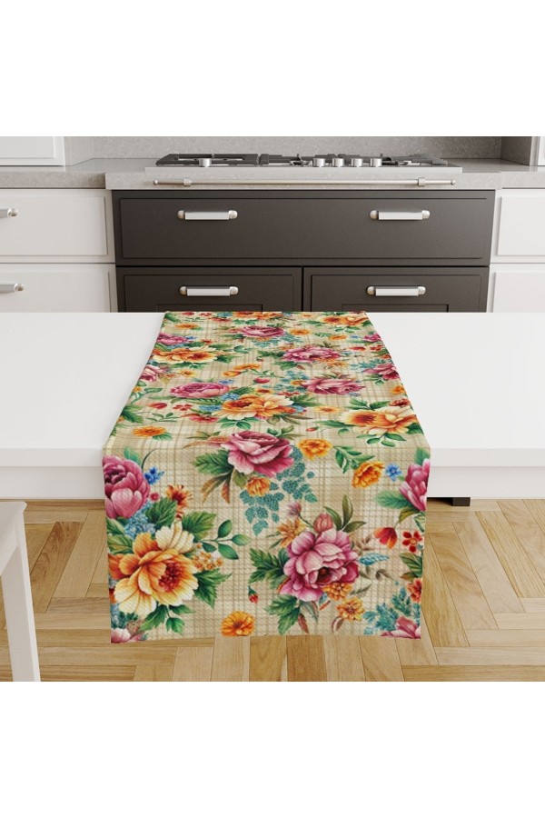 Renkli Güller Kareli Desenli Dijital Baskılı Leke Tutmaz Dertsiz Dekoratif Runner Örtüsü 40x140cm