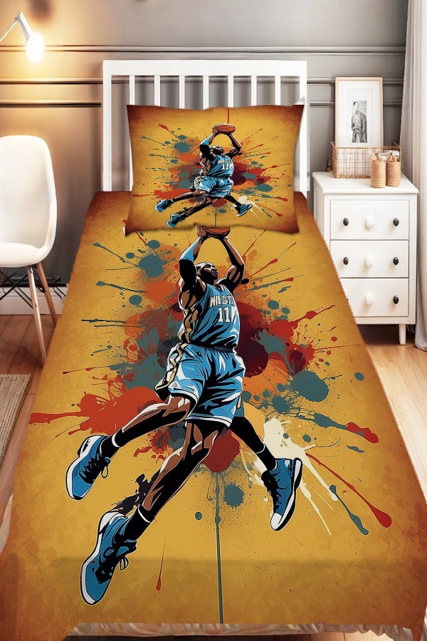 Basketbol Oyuncu Desenli Erkek Çocuk Tek Kişilik Dekoratif Yatak Örtüsü Yastık Kılıflı Basketbol Oyuncu Desenli Erkek Çocuk Tek Kişilik Dekoratif Yatak Örtüsü Yastık Kılıflı
