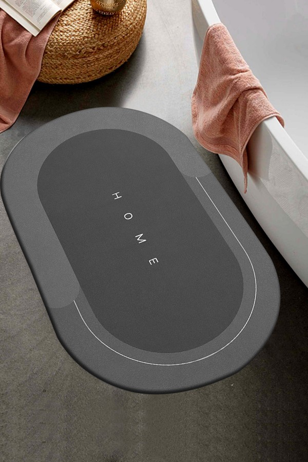 Else Dekor Gri Home Desenli Duş Önü Banyo Halısı Paspas Klozet Tek Parça Oval