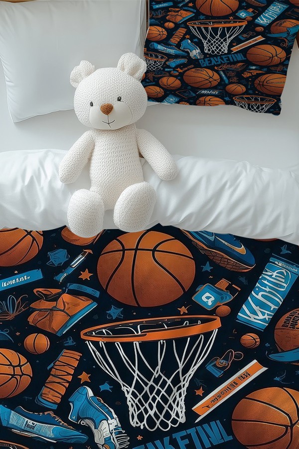 Basketbol Topları Desenli Erkek Çocuk Tek Kişilik Nevresim Takımı Yastık Kılıflı