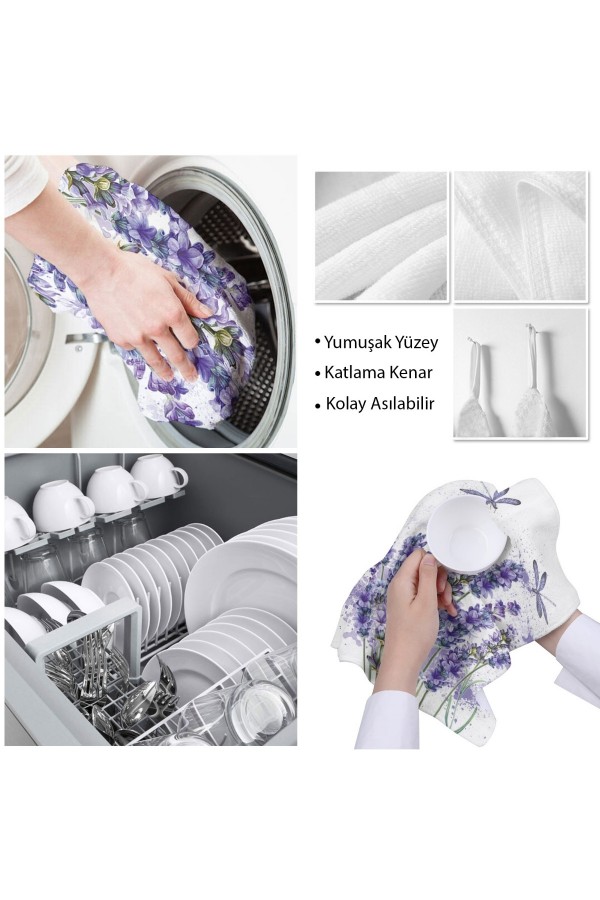 Else Dekor Mor Lavanta Desenli Mikrofiber Mutfak Havlusu Kurulama Bezi Su Emici El Yüz Havlusu