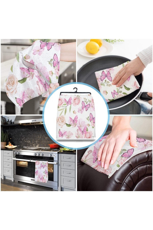 Else Dekor Pembe Kelebek Çiçek Desen Mikrofiber Mutfak Havlusu Kurulama Bezi Su Emici El Yüz Havlusu