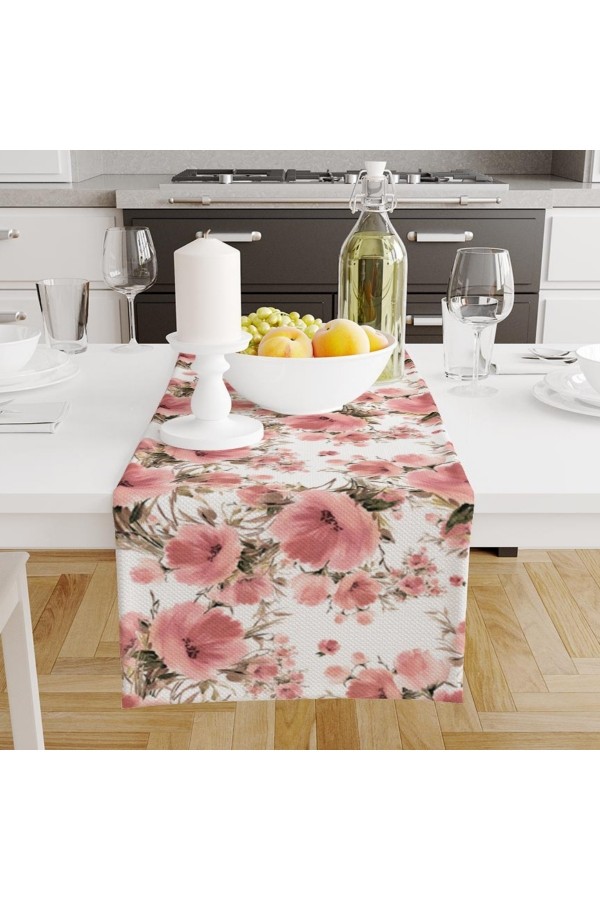 Pembe Çiçekler Desenli Dijital Baskılı Leke Tutmaz Dertsiz Dekoratif Runner Örtüsü 40x140cm