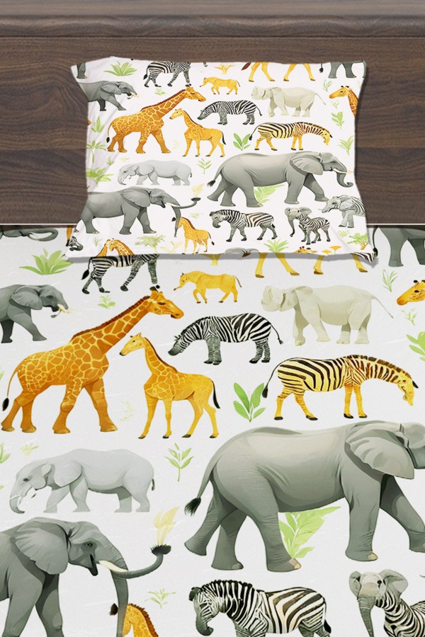 Safari Afrika Hayvanları Desenli Erkek Çocuk Tek Kişilik Yastıklı Lastikli Çarşaf Takımı 100x200cm Safari Afrika Hayvanları Desenli Erkek Çocuk Tek Kişilik Yastıklı Lastikli Çarşaf Takımı 100x200cm