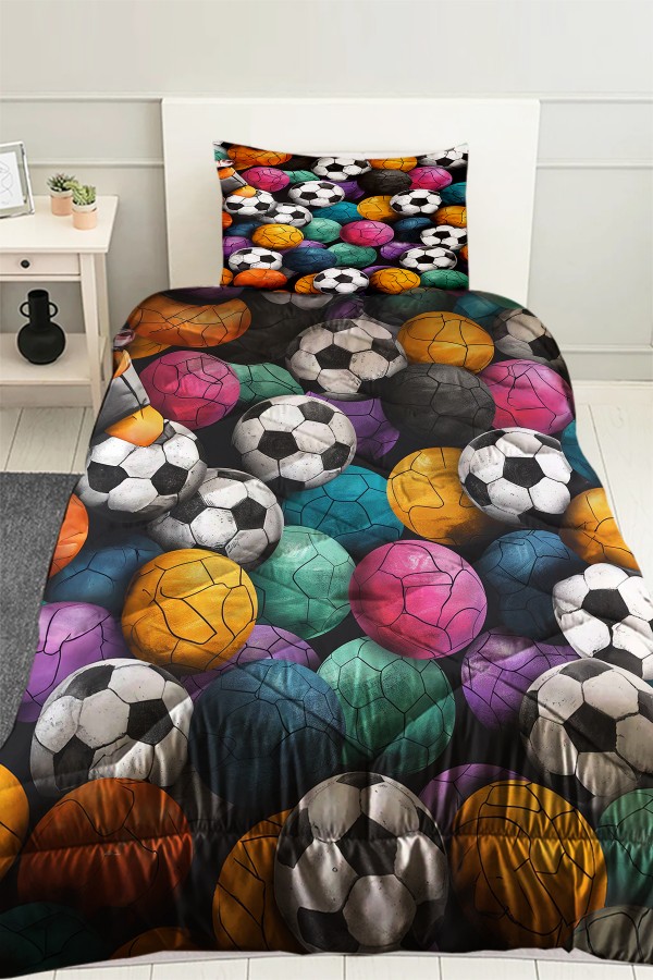 Renkli Toplar Futbol Desenli Erkek Çocuk Tek Kişilik Kapitoneli Yorgan Yastık Kılıflı Renkli Toplar Futbol Desenli Erkek Çocuk Tek Kişilik Kapitoneli Yorgan Yastık Kılıflı