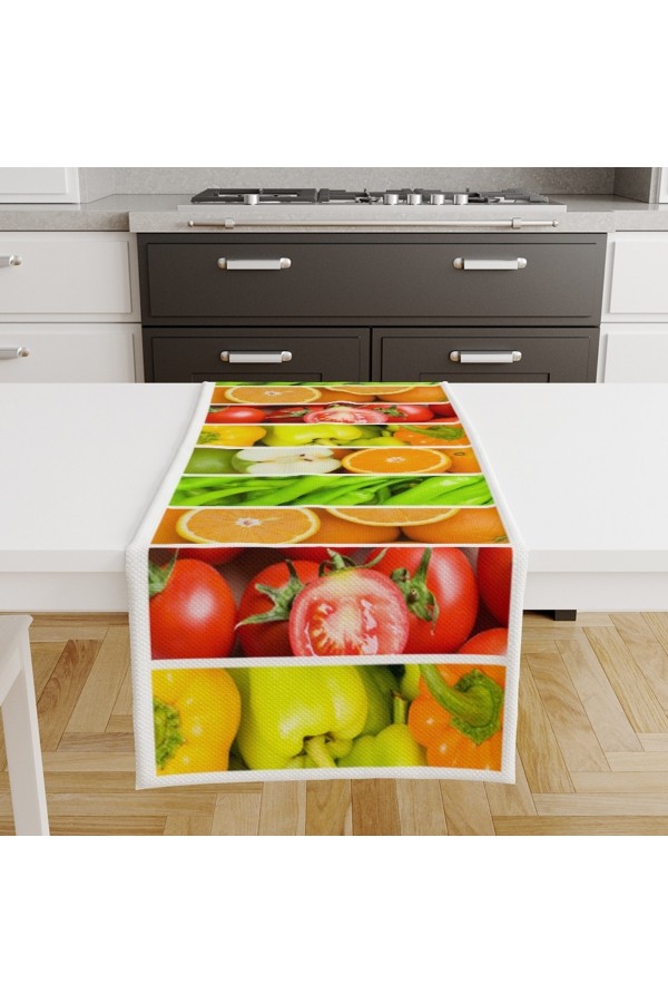 Meyveler Sebzeler Desenli Dijital Baskılı Leke Tutmaz Dertsiz Dekoratif Runner Örtüsü 40x140cm