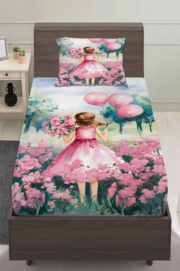 Pembe Balonlu Prenses Kız Desenli Çocuk Tek Kişilik Yastıklı Lastikli Çarşaf Takımı 100x200cm