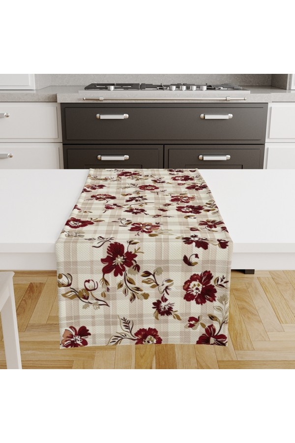 Kareli Çiçekli Desenli Dijital Baskılı Leke Tutmaz Dertsiz Dekoratif Runner Örtüsü 40x140cm