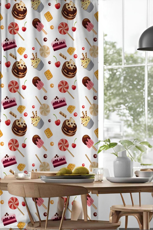 Pasta Şekerler Desenli Djital Baskılı Yemek Odası Mutfak Fon Perde 140x260cm Pasta Şekerler Desenli Djital Baskılı Yemek Odası Mutfak Fon Perde 140x260cm