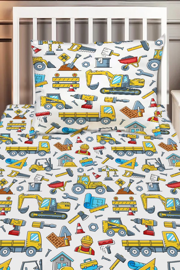İnşaat Makineleri Kamyon Desenli Erkek Çocuk Tek Kişilik Dekoratif Yatak Örtüsü Yastık Kılıflı İnşaat Makineleri Kamyon Desenli Erkek Çocuk Tek Kişilik Dekoratif Yatak Örtüsü Yastık Kılıflı
