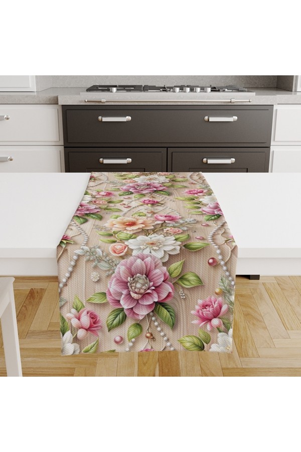 İnci Çiçekli Desenli Dijital Baskılı Leke Tutmaz Dertsiz Dekoratif Runner Örtüsü 40x140cm