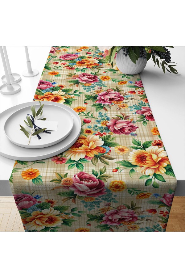Renkli Güller Kareli Desenli Dijital Baskılı Leke Tutmaz Dertsiz Dekoratif Runner Örtüsü 40x140cm