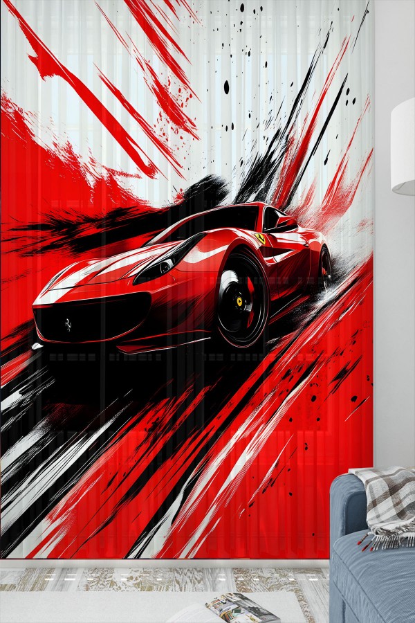 Kırmızı Yarış Araba Desenli Erkek Çocuk Odası Tül Perde 140x260cm Kırmızı Yarış Araba Desenli Erkek Çocuk Odası Tül Perde 140x260cm