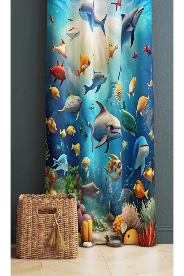 Su Altı Deniz Dünyası Balıklar Desenli Çocuk Odası Fon Perde 140x260cm