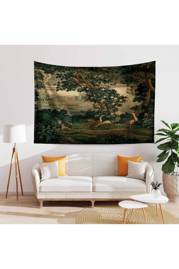 Fransız Vintage Retro Bahçe Desenli Duvar Örtüsü Duvar Halısı Tapestry