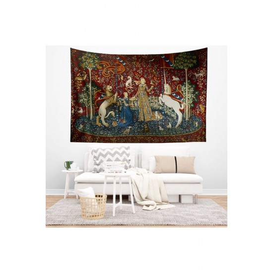 Ortaçağ Unicorn Kadın Vintage Desenli Duvar Örtüsü Duvar Halısı Tapestry