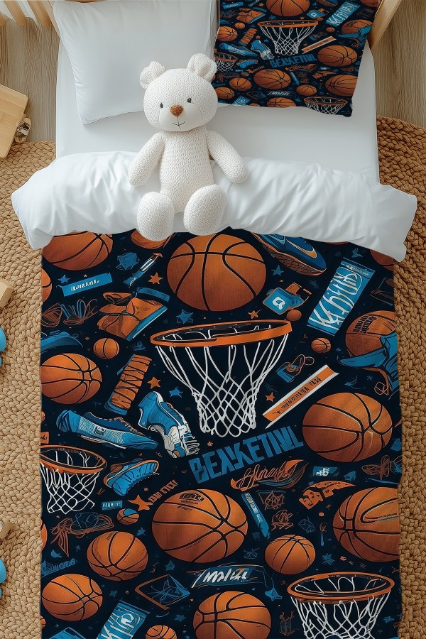 Basketbol Topları Desenli Erkek Çocuk Tek Kişilik Nevresim Takımı Yastık Kılıflı
