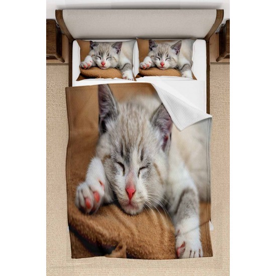 Else Sevimli Uyuyan Kedi Desenli Yatak Örtüsü Çift Kişilik Pike Takımı