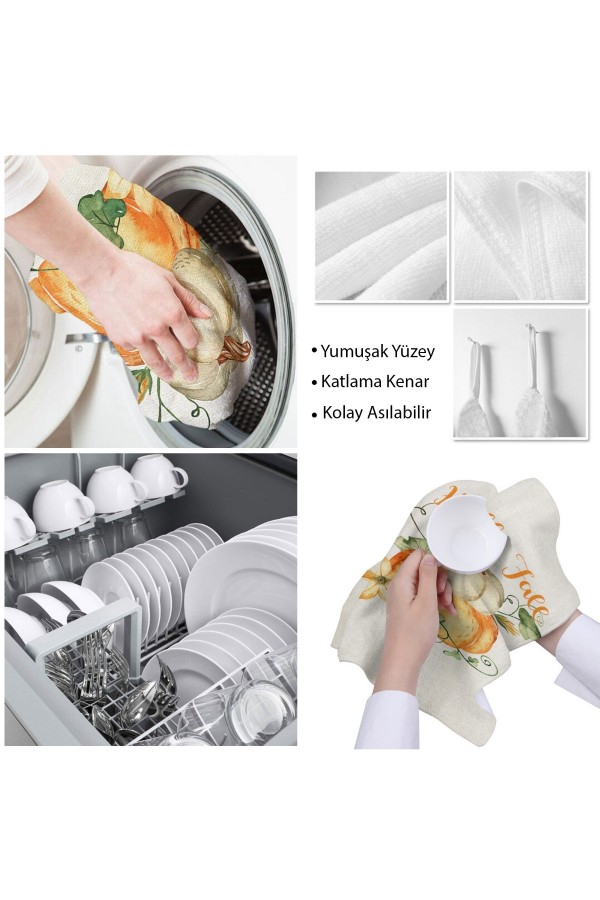 Else Dekor Turuncu Bal Kabağı Desen Mikrofiber Mutfak Havlusu Kurulama Bezi Su Emici El Yüz Havlusu