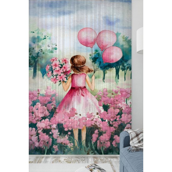 Pembe Balonlu Prenses Kız Desenli Çocuk Odası Tül Perde 140x260cm