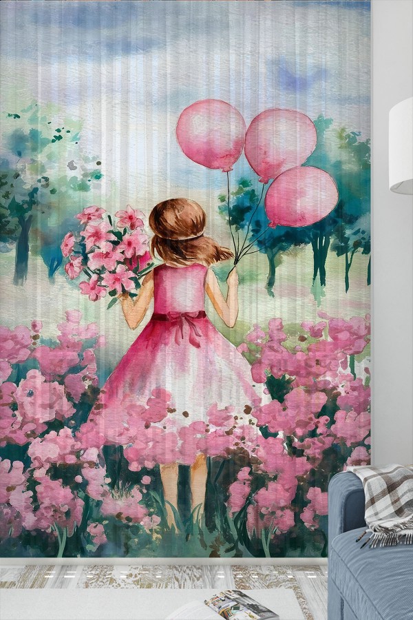 Pembe Balonlu Prenses Kız Desenli Çocuk Odası Tül Perde 140x260cm Pembe Balonlu Prenses Kız Desenli Çocuk Odası Tül Perde 140x260cm