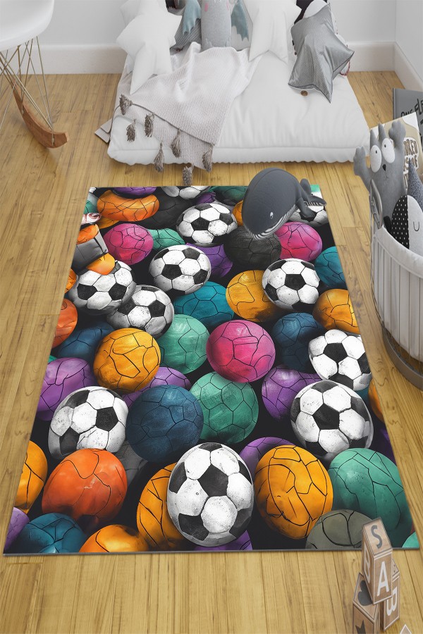 Renkli Toplar Futbol Desenli Erkek Çocuk Odası Halısı Yıkanabilir Kaymaz Taban