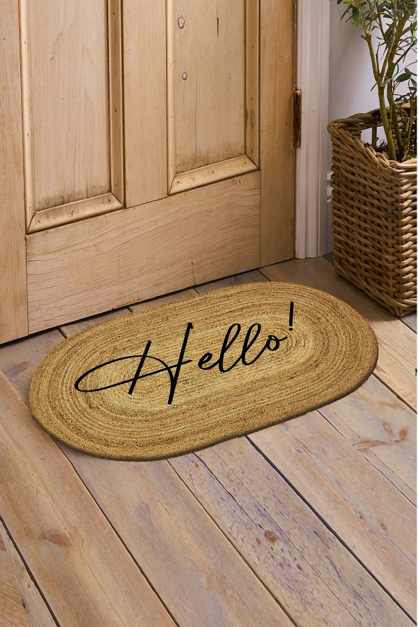 Else Dekor Hello Yazılı Çift Taraflı El Örgüsü Jüt Oval İç ve Dış Kapı Önü Paspası Else Dekor Hello Yazılı Çift Taraflı El Örgüsü Jüt Oval İç ve Dış Kapı Önü Paspası