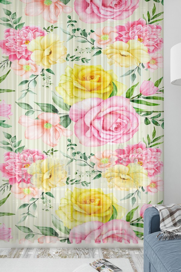 Else Sarı Pembe Gül Desenli Modern Tek Kanat Tül Perde 140x260 Else Sarı Pembe Gül Desenli Modern Tek Kanat Tül Perde 140x260