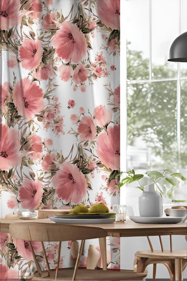 Pembe Güller Desenli Djital Baskılı Yemek Odası Mutfak Fon Perde 140x260cm