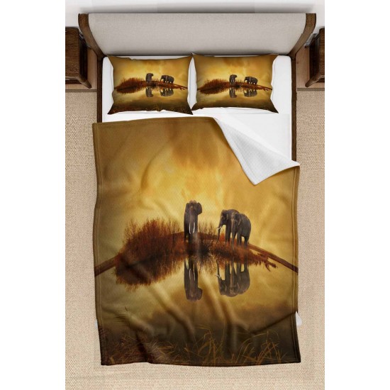 Else Sarı Gün Batımı Filler Desenli Yatak Örtüsü Çift Kişilik Pike Takımı