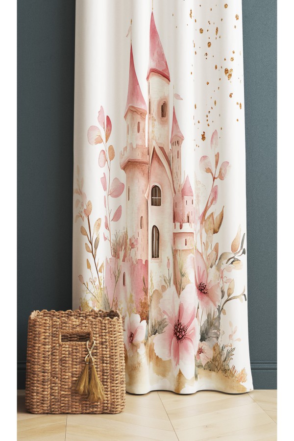 Pembe Prenses Şatolu Desenli Kız Çocuk Odası Fon Perde 140x260cm